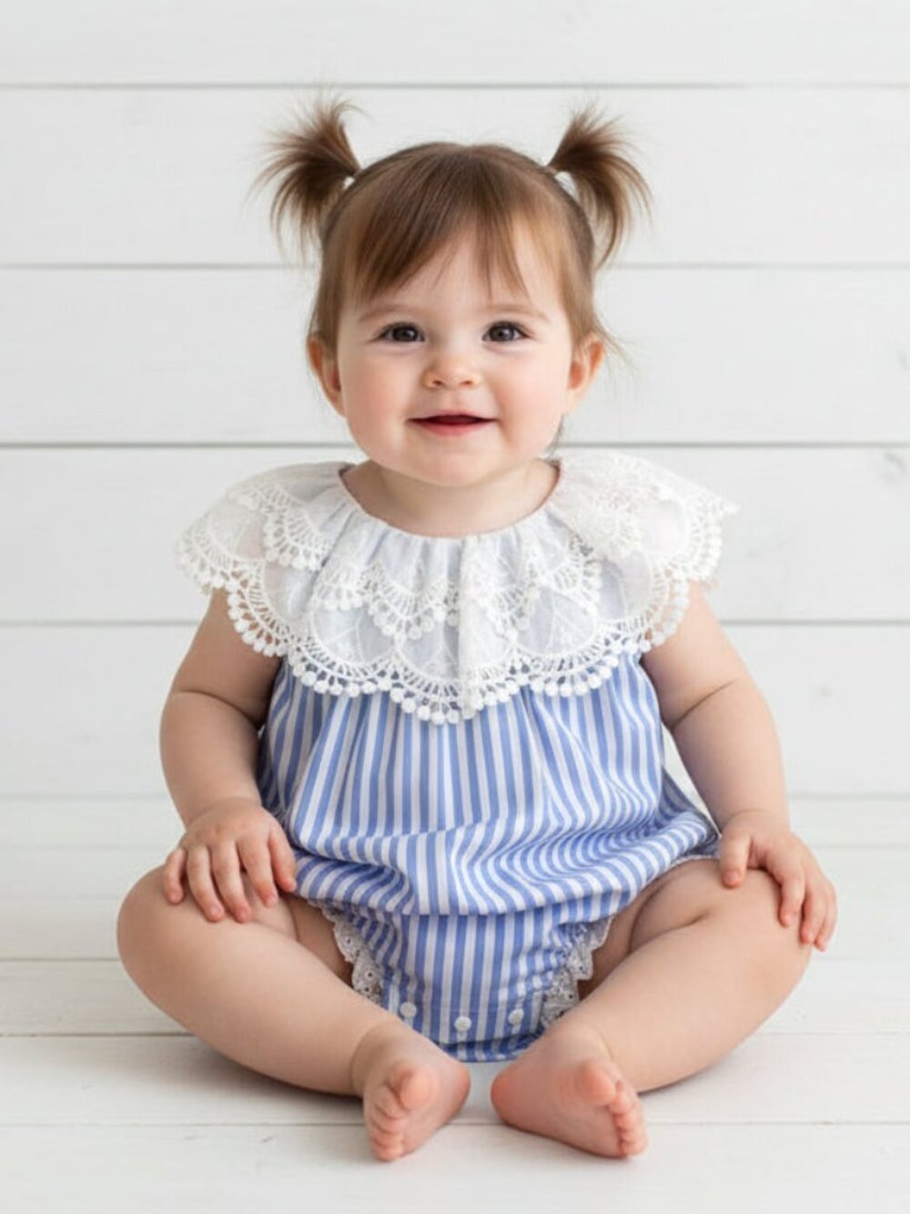 Blue & White Striped Lace Collar Romper, baby, NWT